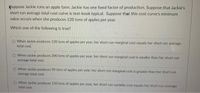Suppose Jackie runs an apple farm. Jackie has one fixed factor of production. Suppose that Jackie's
short run average total cost curve is text-book typical. Suppose that this cost curve's minimum
value occurs when she produces 120 tons of apples per year.
Which one of the following is true?
O When Jackie produces 120 tons of apples per year, her short run marginal cost equals her short run average
total cost.
O When Jackie produces 200 tons of apples per year, her short run marginal cost is smaller than her short run
average total cost.
When Jackie produces 90 tons of apples per year, her short run marginal cost is greater than her short run
average total cost.
When Jackie produces 120 tons of apples per year, her short run variable cost equals her short run average
total cost.
