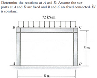 Determine the reactions at A and D. Assume the sup-
ports at A and D are fixed and B and C are fixed connected. EI
is constant.
72 kN/m
B
C
5 m
A
8 m
