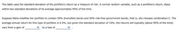 The table uses the standard deviation of the portfolio's return as a measure of risk. A normal random variable, such as a portfolio's return, stays
within two standard deviations of its average approximately 95% of the time.
Suppose Neha modifies her portfolio to contain 50% diversified stocks and 50% risk-free government bonds; that is, she chooses combination C. The
average annual return for this type of portfolio is 6.5%, but given the standard deviation of 10%, the returns will typically (about 95% of the time)
vary from a gain of
to a loss of