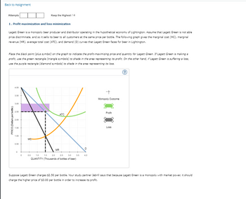 Back to Assignment
Attempts
1. Profit maximization and loss minimization
Lagatt Green is a monopoly beer producer and distributor operating in the hypothetical economy of Lightington. Assume that Lagatt Green is not able
price discriminate, and so it sells its beer to all customers at the same price per bottle. The following graph gives the marginal cost (MC), marginal
revenue (MR), average total cost (ATC), and demand (D) curves that Lagatt Green faces for beer in Lightington.
Place the black point (plus symbol) on the graph to indicate the profit-maximizing price and quantity for Lagatt Green. If Lagatt Green is making a
profit, use the green rectangle (triangle symbols) to shade in the area representing its profit. On the other hand, if Lagatt Green is suffering a loss,
use the purple rectangle (diamond symbols) to shade in the area representing its loss.
PRICE (Dollars per bottle)
4.00
3.50
3.00
2.50
2.00
1.50
1.00
0.50
0
0
Keep the Highest/4
MC
0.5
1.5
ATC
1.0
2.0 2.5 3.0
QUANTITY (Thousands of bottles of beer)
MR
3.5
D
4.0
Monopoly Outcome
Profit
Loss
Suppose Lagatt Green charges $2.50 per bottle. Your study partner Jabrill says that because Lagatt Green is a monopoly with market power, it should
charge the higher price of $3.00 per bottle in order to increase its profit.