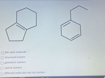 the same molecule
structural isomers
geometric isomers
optical isomers
different molecules but not isomers