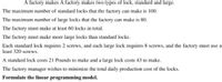 A factory makes A factory makes two types of lock, standard and large.
The maximum number of standard locks that the factory can make is 100.
The maximum number of large locks that the factory can make is 80.
The factory must make at least 60 locks in total.
The factory must make more large locks than standard locks.
Each standard lock requires 2 screws, and each large lock requires 8 screws, and the factory must use at
least 320 screws.
A standard lock costs 21 Pounds to make and a large lock costs 43 to make.
The factory manager wishes to minimize the total daily production cost of the locks.
Formulate the linear programming model.
