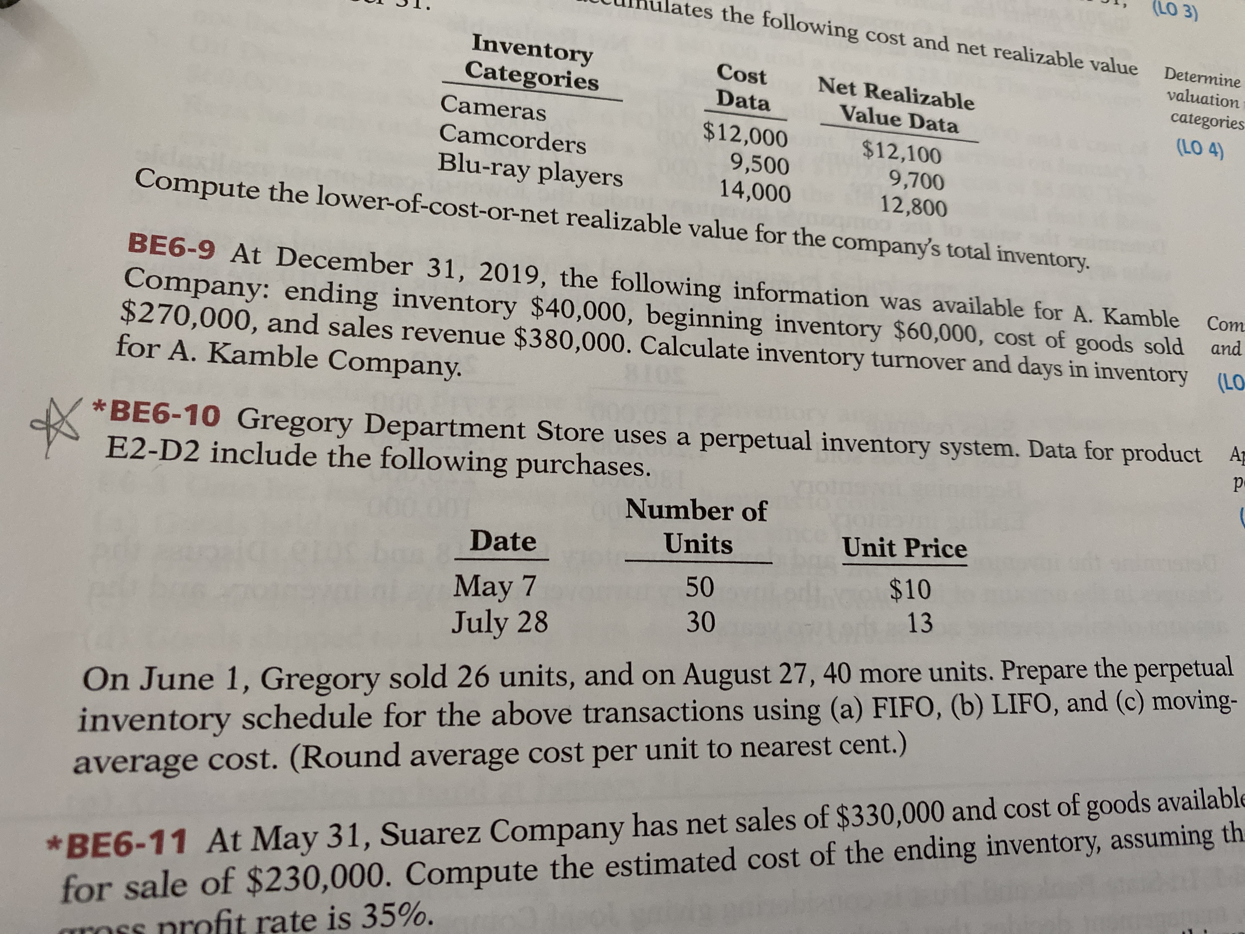 (LO 3)
tes the following cost and net realizable value
Determine
Inventory
Categories
Cost
Net Realizable
valuation
Data
Value Data
categories
Cameras
$12,000
(LO 4)
$12,100
9,700
12,800
Camcorders
Blu-ray players
9,500
14,000
Compute the lower-of-cost-or-net realizable value for the company's total inventory.
BE6-9 At December 31, 2019, the following information was available for A. Kamble
Company: ending inventory $40,000, beginning inventory $60,000, cost of goods sold and
$270,000, and sales revenue $380,000. Calculate inventory turnover and days in inventory (LO
for A. Kamble Company.
Com
*BE6-10 Gregory Department Store uses a perpetual inventory system. Data for product Ap
E2-D2 include the following purchases.
Number of
Units
Unit Price
Date
$10
13
50
May 7
July 28
30
On June 1, Gregory sold 26 units, and on August 27, 40 more units. Prepare the perpetual
inventory schedule for the above transactions using (a) FIFO, (b) LIFO, and (c) moving-
*BE6-11 At May 31, Suarez Company has net sales of $330,000 and cost of goods available
for sale of $230,000. Compute the estimated cost of the ending inventory, assuming th.
gross profit rate is 35%.
average cost. (Round average cost per unit to nearest cent.)
