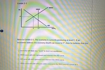 11
Exhibit 3-1
PL
P
SRAS
LRAS
AD
Y
Y*
GDPR
Refer to Exhibit 3-1. The economy is currently producing at level Y. If an
economist believes the economy (itself) can move to Y*, then he believes that the
economy will likely stay "stuck" in short-run equilibrium.
SRAS curve will shift rightward and intersect the AD curve.
O AD curve will shift rightward and intersect the SRAS curve.
LRAS curve will shift leftward until it intersects the SRAS and AD curves at Y.