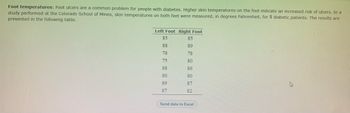 Foot temperatures: Foot ulcers are a common problem for people with diabetes. Higher skin temperatures on the foot indicate an increased risk of ulcers. In a
study performed at the Colorado School of Mines, skin temperatures on both feet were measured, in degrees Fahrenheit, for 8 diabetic patients. The results are
presented in the following table.
Left Foot Right Foot
85
85
88
89
78
78
75
80
88
86
80
80
89
87
h
87
82
Send data to Excel