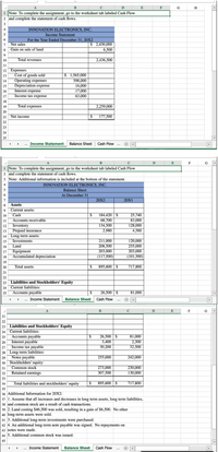 D
E
F
G
H
1 Note: To complete the assignment, go to the worksheet tab labeled Cash Flow
2 and complete the statement of cash flows.
3
4
INNOVATION ELECTRONICS, INC.
5
Income Statement
6.
For the Year Ended December 31, 20X2
Net sales
Gain on sale of land
7
$ 2,430,000
8
6,500
9
10
Total revenues
2,436,500
11
12 Expenses:
Cost of goods sold
Operating expenses
Depreciation expense
Interest expense
Income tax expense
13
$ 1,565,000
14
598,000
16,000
17,000
63,000
15
16
17
18
19
Total expenses
2,259,000
20
21
Net income
177,500
23
24
25
Income Statement
Balance Sheet
Cash Flow
A
C
D
E
F
G
1 Note: To complete the assignment, go to the worksheet tab labeled Cash Flow
2 and complete the statement of cash flows.
3 Note: Additional information is included at the bottom of the statement.
4
INNOVATION ELECTRONICS, INC.
5
Balance Sheet
At December 31
20X2
20X1
Assets
Current assets:
Cash
Accounts receivable
Inventory
Prepaid insurance
14 Long-term assets:
Investments
Land
8
9
184,420 | $
68,700
134,500
2,980
25,740
83,000
10
11
128,000
4,560
12
13
211,000
208,500
203,000
(117,500)
120,000
255,000
203,000
15
16
Equipment
Accumulated depreciation
17
18
(101,500)
19
20
Total assets
895,600 | $
717,800
21
22
23 Liabilities and Stockholders' Equity
24 Current liabilities:
Accounts payable
25
$4
26,500 | $
81,000
... Income Statement
Balance Sheet
Cash Flow
D
E
F
G
21
22
23 Liabilities and Stockholders' Equity
Current liabilities:
Accounts payable
Interest payable
Income tax payable
28 Long-term liabilities:
Notes payable
30 Stockholders' equity:
Common stock
Retained earnings
24
26,500 $
3,400
30,200
81,000
2,300
32,500
25
26
27
29
255,000
242,000
273,000
307,500
230,000
130,000
31
32
33
34
Total liabilities and stockholders' equity
$4
895,600 | $
717,800
35
36 Additional Information for 20X2:
37 1. Assume that all increases and decreases in long term assets, long term liabilities,
38 and common stock are a result of cash transactions.
39 2. Land costing $46,500 was sold, resulting in a gain of $6,500. No other
40 long-term assets were sold.
41 3. Additional long-term investments were purchased.
42 4. An additional long-term note payable was signed. No repayments on
43 notes were made.
44 5. Additional common stock was issued.
45
Income Statement
Balance Sheet
Cash Flow
