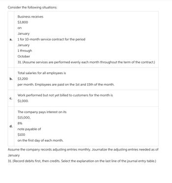 Consider the following situations:
a.
b.
C.
d.
Business receives
$3,800
on
January
1 for 10-month service contract for the period
January
1 through
October
31. (Assume services are performed evenly each month throughout the term of the contract.)
Total salaries for all employees is
$3,200
per month. Employees are paid on the 1st and 15th of the month.
Work performed but not yet billed to customers for the month is
$1,000.
The company pays interest on its
$15,000,
8%
note payable of
$100
on the first day of each month.
Assume the company records adjusting entries monthly. Journalize the adjusting entries needed as of
January
31. (Record debits first, then credits. Select the explanation on the last line of the journal entry table.)