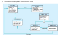 5. Convert the following ERD to a relational model.
SEATING
Seating ID
eNbr of Guests
RTABLE
RTable Nbr
RTable Nbr of Seats
RTable Rating
Uses
Start TimeDate
End TimeDate
EMPLOYEE
Employee ID
Emp Lname
Emp Fname
ASSIGNMENT
Start TimeDate
End TimeDate
Tips Earned
WAITER
MANAGER
Hourly Wage
(Specialty)
Manages Monthly Salary
Manages
