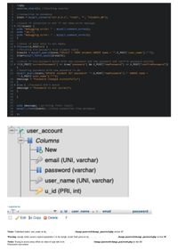 <?php
session_start (); //Starting session
2
//Connection to database
$conn = mysqli_connect("127.0.0.1", "root", "", "student_db");
4.
5
6.
//Check if connected or not if not show error message
8 v if(!$conn) {
echo "Debugging errno:
echo "<br>";
echo "Debugging error:
12 }
7
9
. mysqli_connect_errno();
10
. mysqli_connect_error();
11
13
//Check if post data is not empty
15 v if(count($_POST)>0) {
//Fetching old password from student table
$result = mysqli_query($conn,"SELECT * FROM student WHERE name = '".$_POST['user_name']."'");
$row=mysqli_fetch_assoc($result);
14
16
17
18
19
//check if old password match with new password and new password and confirm password matches
21 v if($_POST['currentPassword'] == $row['password'] && $_POST["newPassword"] == $_POST["confirmPassword"])
{
//Updating password with new password in db
mysqli_query($conn,"UPDATE student SET password= '".$_POST['newPassword']."' WHERE name =
'".$_POST['user_name']."'");
$message = "Password changed successfully";
25 }
26 v else { //Password did't match
$message = "Password is not correct";
}
20
22
23
24
27
28
29
30
}
31
32
echo $message; //printing final result
mysqli_close ($conn); //close connection from database
33
34
35\
36
?>
user_account
HI Columns
HB New
email (UNI, varchar)
Hl password (varchar)
user_name (UNI, varchar)
u_id (PRI, int)
T+
u id
user_name a 1
email
password
Edit i Copy
Delete
7
Notice: Undefined index: user_name in /or
change password/change_password.php on line 17
Warning: mysqli_fetch_assoc() expects parameter 1 to be mysqli_result, bool given in /o;
change password/change_password.php on line 18
Notice: Trying to access array offset on value of type null in /e
Password is not correct
'change password/change_password.php on line 21
