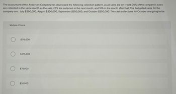 The accountant of the Anderson Company has developed the following collection pattern, as all sales are on credit: 70% of the company's sales
are collected in the same month as the sale, 20% are collected in the next month, and 10% in the month after that. The budgeted sales for the
company are: July $200,000, August $300,000, September $350,000, and October $250,000. The cash collections for October are going to be:
Multiple Choice
О
$175,000
О
$275,000
О
$70,000
О
$30,000