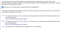 A random sample of 50 cities have the data on average high and low temperatures in January shown in the accompanying table. Use the technology of your choice and the given data to complete parts (a) through (f). Use high temperature as the explanatory variable.

[Icon for viewing the table of average high and low temperatures]

**c. Determine and interpret the regression equation for the data. Select the correct choice below and, if necessary, fill in any answer boxes within your choice.**

- **A.** The regression equation is \( \hat{y} = \Box + (\Box)x \), which means there is a positive linear relationship between high and low temperatures.  
  *(Round to three decimal places as needed.)*

- **B.** The regression equation is \( \hat{y} = \Box + (\Box)x \), which means there is a negative linear relationship between high and low temperatures.  
  *(Round to three decimal places as needed.)*

- **C.** This question is not applicable since a regression line is not reasonable.