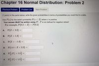 Chapter 16 Normal Distribution: Problem 2
Previous Problem
Problem List
Next Problem
(1 point) In the parts below, write the given probabilities in terms of probabilities you could find in a table.
Use P(2) for the table's probability P(z< Z) where z is positive.
Your answer MUST be written using P! Pis not defined for negative values!
For example, P(0.2 < 2) = P(0.2)
A. P(Z < 2.2)
B. P(Z > 1.4)
%3D
c. P(Z>-1.4) =
D. P(1.4 < Z < 2.2) -
E. P(12|> 1.5) =
P(1Z| < 1.5) =
%3D
F.
