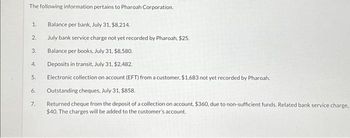 The following information pertains to Pharoah Corporation.
1.
2.
3.
4.
5.
6.
7.
Balance per bank, July 31, $8,214.
July bank service charge not yet recorded by Pharoah, $25.
Balance per books, July 31, $8.580.
Deposits in transit, July 31, $2,482.
Electronic collection on account (EFT) from a customer, $1,683 not yet recorded by Pharoah.
Outstanding cheques, July 31, $858.
Returned cheque from the deposit of a collection on account, $360, due to non-sufficient funds. Related bank service charge.
$40. The charges will be added to the customer's account.