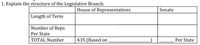 1. Explain the structure of the Legislative Branch:
House of Representatives
Senate
Length of Term
Number of Reps
Per State
TOTAL Number
435 (Based on
Per State
