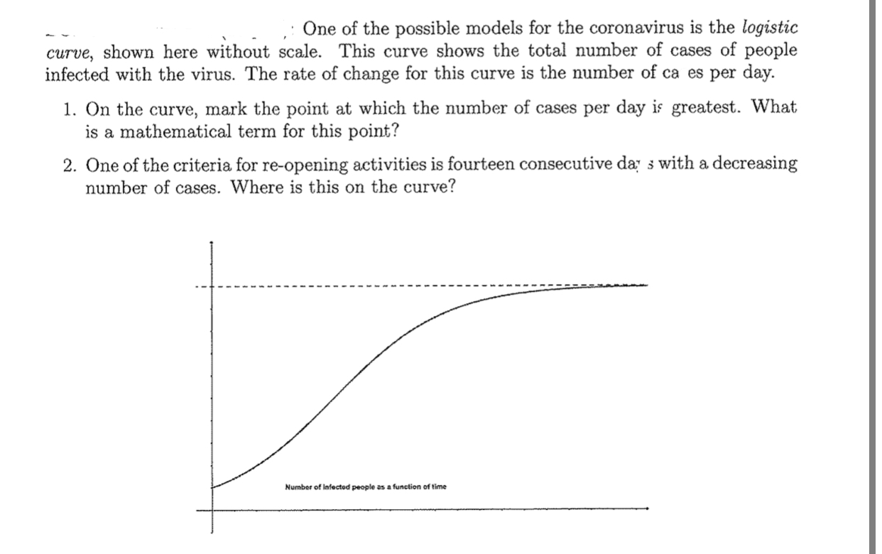 One of the possible models for the coronavirus is the logistic
curve, shown here without scale. This curve shows the total number of cases of people
infected with the virus. The rate of change for this curve is the number of ca es per day.
1. On the curve, mark the point at which the number of cases per day is greatest. What
is a mathematical term for this point?
2. One of the criteria for re-opening activities is fourteen consecutive da s with a decreasing
number of cases. Where is this on the curve?
Number of Infected people as a function of time
