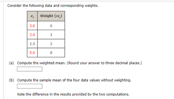 Consider the following data and corresponding weights.
Weight (w.)
3.6
3.0
2.5
5.0
6
3
2
8
(a) Compute the weighted mean. (Round your answer to three decimal places.)
(b) Compute the sample mean of the four data values without weighting.
Note the difference in the results provided by the two computations.