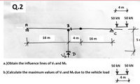 Q.2
4 m
50 kN
50 kN
A
B
16 m
4 m
16 m
5г
a.)Obtain the influence lines of Vo and M.
50 kN
50 kN
b.)Calculate the maximum values of Voand Ma due to the vehicle load v
4 m
