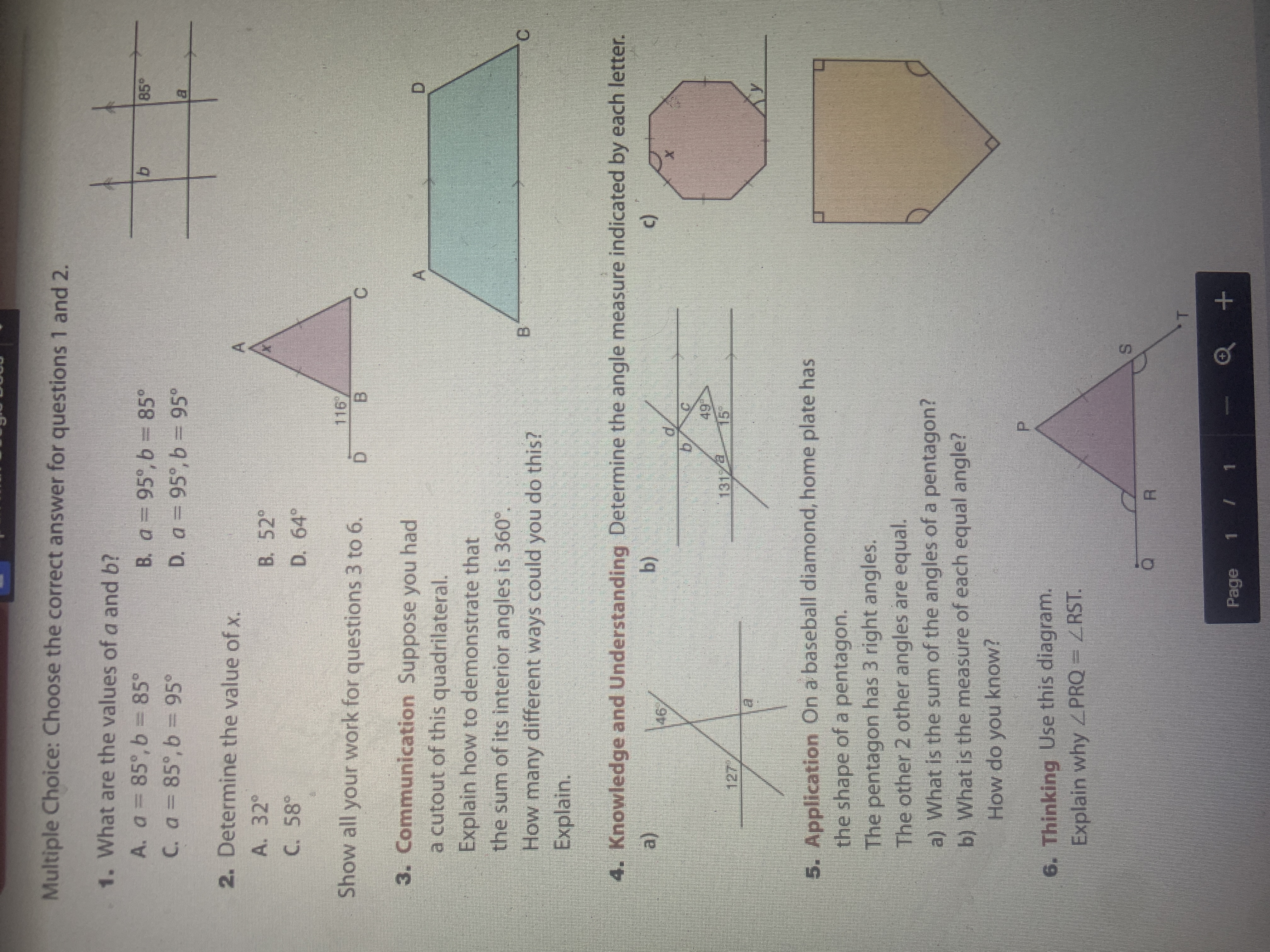 What are the values of a and b?
A. a= 85°, b = 85°
C. a 85°, b = 95°
B. a 95°, b =85°
D. a 95°, b = 95°
%3D
