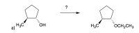 ### Educational Content: Organic Chemistry Reaction

#### Starting Material:
- The structure on the left-hand side is 1-methylcyclopentanol.
- It consists of a five-membered carbon ring (cyclopentane).
- Attached to the ring are:
  - A methyl group (CH₃) bonded to the first carbon.
  - A hydroxyl group (OH) bonded to the same first carbon but projecting in the opposite direction (indicated by the dashed bond).

#### Reaction Scheme:
- An arrow pointing from the starting material to the product represents a chemical reaction.
- The question mark above the arrow indicates that the reagent/environment needed for the transformation is unknown or needs to be determined.

#### Product:
- The structure on the right-hand side is 1-methoxyethylcyclopentane.
- It is similar to the starting material with the same five-membered carbon ring (cyclopentane).
- Attached to the ring are:
  - A methyl group (CH₃) bonded to the first carbon.
  - A methoxyethyl group (OCH₂CH₃) replacing the hydroxyl group at the same carbon, in the opposite direction (indicated by the dashed bond).

### Explanation:
- The structure suggests that the hydroxyl group (OH) in 1-methylcyclopentanol is being transformed into a methoxyethyl group (OCH₂CH₃).
- This reaction typically involves an etherification process where the hydroxyl group is substituted with an ethoxy group through a specific reagent or condition.
  
### Possible Reaction Mechanisms:
- **Williamson Ether Synthesis**: An alkoxide ion reacts with an alkyl halide.
- **Acid-Catalyzed Etherification**: An alcohol reacts with an unsaturated compound in the presence of an acid catalyst.

Understanding the detailed mechanism for such a transformation is vital for students studying organic synthesis and reaction pathways.