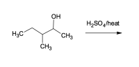 The image depicts a chemical reaction involving a structural formula and a reaction condition. Here's the detailed transcription suitable for an educational website:

**Chemical Reaction Description**

**Reactant:**
- The chemical structure shown is 3,3-dimethyl-2-butanol, a secondary alcohol. The molecule includes:
  - Two methyl groups (-CH₃) attached to the third carbon of a butane backbone.
  - A hydroxyl group (-OH) attached to the second carbon.
  - The remaining carbons complete the hydrocarbon chain.

**Reaction Condition:**
- The molecule is subjected to sulfuric acid (H₂SO₄) and heat. This is indicated by the arrow pointing right, labeled with "H₂SO₄/heat."

**Explanation of the Diagram:**
- The diagram suggests an elimination reaction (likely dehydration), where the alcohol (hydroxyl group) will react under acidic conditions with heat to form an alkene.
  
**Expected Product:**
- Under the given conditions (presence of H₂SO₄ and heat), the hydroxyl group is expected to be removed, and the most likely products are either 2,3-dimethyl-2-butene or 2,3-dimethyl-1-butene depending on the specific mechanism (E1 or E2) that occurs. The sulfuric acid acts as a catalyst for this conversion, facilitating the removal of the –OH group and the formation of a double bond between carbons.

This reaction underlines key concepts in organic chemistry such as elimination reactions, the role of acids in catalysis, and the stabilization of carbocation intermediates.