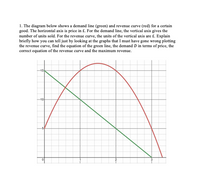 1. The diagram below shows a demand line (green) and revenue curve (red) for a certain
good. The horizontal axis is price in £. For the demand line, the vertical axis gives the
number of units sold. For the revenue curve, the units of the vertical axis are £. Explain
briefly how you can tell just by looking at the graphs that I must have gone wrong plotting
the revenue curve, find the equation of the green line, the demand D in terms of price, the
15
-10
