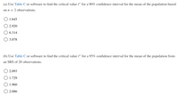 ### Understanding Critical Values for Confidence Intervals

#### Exercise 1

(a) **Task**: Use Table C or software to find the critical value \( t^* \) for a 90% confidence interval for the mean of the population based on \( n = 2 \) observations.

- Options:
  - ○ 1.645
  - ○ 2.920
  - ○ 6.314
  - ○ 3.078

(b) **Task**: Use Table C or software to find the critical value \( t^* \) for a 95% confidence interval for the mean of the population from an SRS (Simple Random Sample) of 20 observations.

- Options:
  - ○ 2.093
  - ○ 1.729
  - ○ 1.960
  - ○ 2.086

These exercises help understand how to determine critical values using statistical tables or software, which are essential for constructing confidence intervals in statistical analysis.
