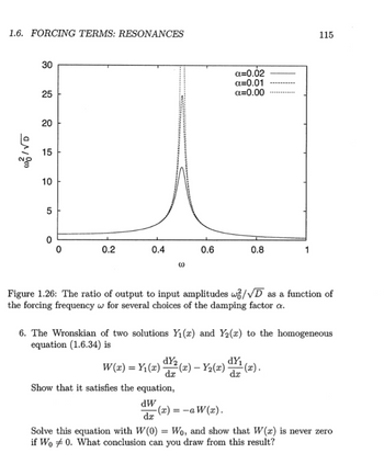 1.6. FORCING TERMS: RESONANCES
30
25
25
20
20
15
시
10
5
0
α=0.02
α=0.01
α=0.00
115
0
0.2
0.4
0.6
0.8
1
w
Figure 1.26: The ratio of output to input amplitudes w/VD as a function of
the forcing frequency w for several choices of the damping factor a.
6. The Wronskian of two solutions Y₁(a) and Y2(x) to the homogeneous
equation (1.6.34) is
dy₁
dx
W(x) = Y₁(x) x 2 (x) – Y2(x) (x).
dY2
da
Show that it satisfies the equation,
-
dW
dx
-(x) = -a W(x).
Solve this equation with W(0) = Wo, and show that W(x) is never zero
if Wo 0. What conclusion can you draw from this result?