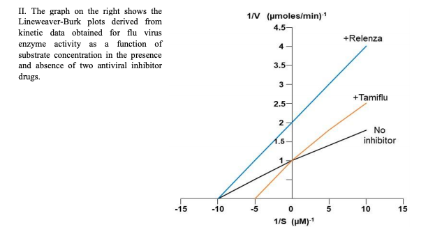 II. The graph on the right shows the
Lineweaver-Burk plots derived from
1/V (umoles/min)
4.5-
kinetic data obtained for flu virus
+Relenza
enzyme activity as
substrate concentration in the presence
a function of
4
3.5
and absence of two antiviral inhibitor
drugs
3
+Tamiflu
2.5
2
No
inhibitor
И.5
1
-15
-10
-5
0
5
10
15
1/S (HM)
