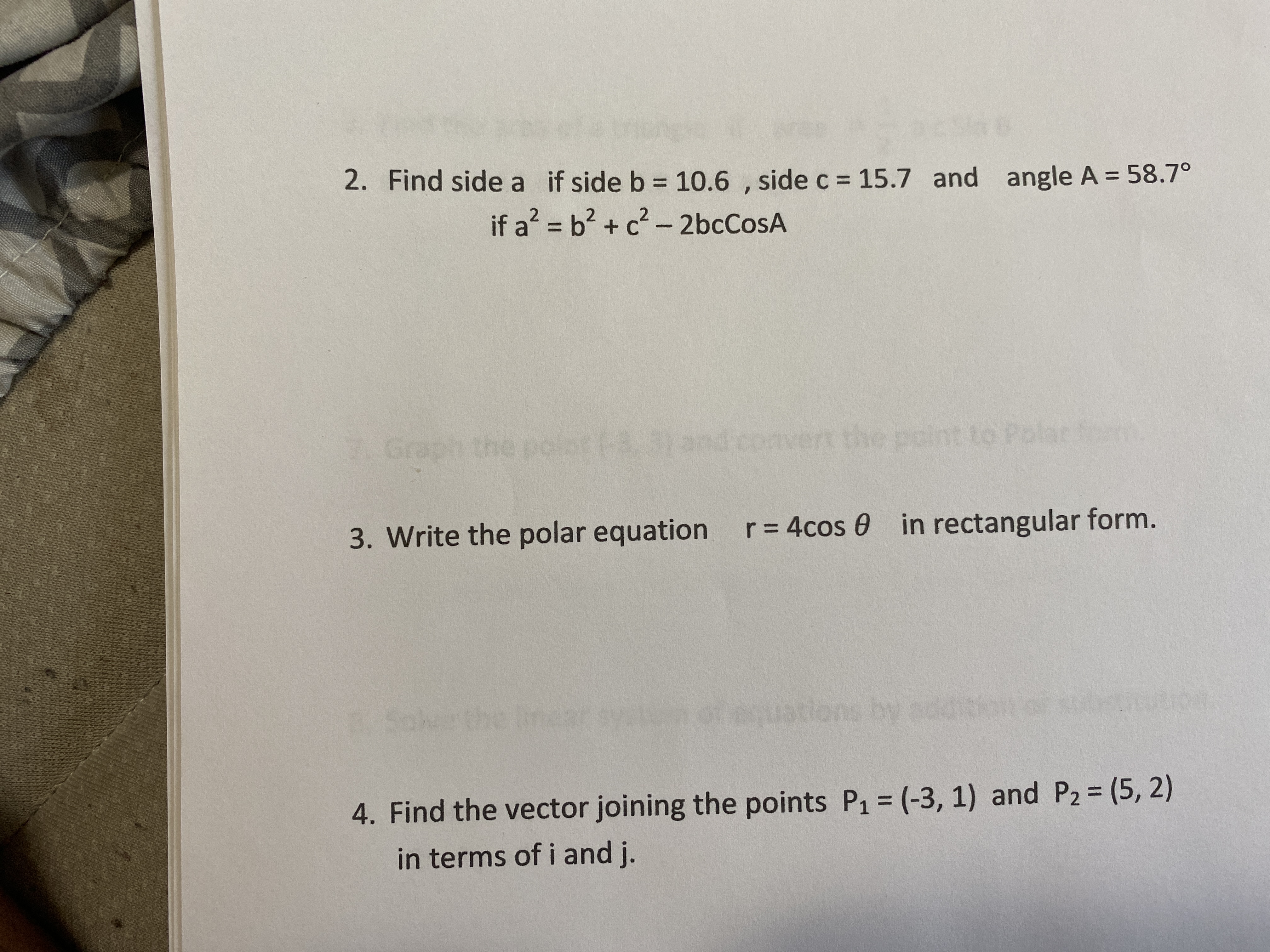 Find side a if side b = 10.6 , side c = 15.7 and angle A = 58.7°
