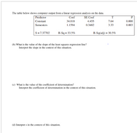 The table below shows computer output from a linear regression analysis on the data.
Predictor
Coef
SE Coef
Constant
34.018
4.455
7.64
0.000
Semesters
1.1594
0.3482
3.33
0.003
S=7.37702
R-Sq = 33.5%
R-Sq(adj) = 30.5%
(b) What is the value of the slope of the least squares regression line?
Interpret the slope in the context of this situation.
(c) What is the value of the coefficient of determination?
Interpret the coefficient of determination in the context of this situation.
(d) Interpret s in the context of this situation.
