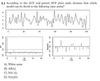 1.1 According to the ACF and partial ACF plots make decision that which
model can be fitted to the following time series?
2.
20
40
60
80
100
10
15
20
10
15
20
Lag
Lag
A) White noise
B) AR(1)
С) МА (1)
D) MA(10)
-0.2
0.2
0.6
-
