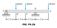 60 kN
40 kN
50 kN
D.
E
B
|C
-1.5 m-l-1.5 m--1.5 m-2 m -
FIG. P4.26
