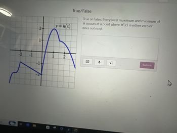 -2
-1
2-
1.
-1
-2
1
y=h(x)
2
True/False
True or False: Every local maximum and minimum of
h occurs at a point where h'(c) is either zero or
does not exist.
❤
VE
Submit
4