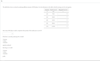 16.
The table below shows cost data for producing different amounts of DVD player. Use the information in the table to find the missing costs for each quantity.
Marginal Cost in $
Quantity Total Cost in $
105
0
How many DVD player would a competitive firm produce if the market price was $130?
If the firm is currently producing 920, it should
Oincrease
Oreduce
Omaintain
quantity produced.
By doing so, it would
Oincrease
Oreduce
Omaintain
profit.
230
460
690
920
1150
7005
25405
55305
99005
151905
9.