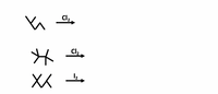 The image displays three chemical reaction equations involving hydrocarbons and halogens. Here is a detailed transcription and explanation suitable for an educational website:

1. **Reagent and Reaction:**
   - Structure: The first structure is a hydrocarbon shown as a zig-zag line, representing a generic alkane.
   - Reactant: Cl₂ (Chlorine gas)
   - Reaction: The hydrocarbon reacts with chlorine gas.

2. **Reagent and Reaction:**
   - Structure: The second line shows a branched hydrocarbon structure.
   - Reactant: Cl₂ (Chlorine gas)
   - Reaction: The branched alkane reacts with chlorine gas.

3. **Reagent and Reaction:**
   - Structure: The third structure is a similar representation of a hydrocarbon chain.
   - Reactant: I₂ (Iodine gas)
   - Reaction: The alkane is reacted with iodine gas.

**Explanation:**
Each structure utilizes a skeletal formula to depict organic compounds, commonly used in organic chemistry to simplify the representation of molecules. The aim of these diagrams is to illustrate how different hydrocarbons undergo halogenation reactions. Halogenation typically involves the substitution of hydrogen atoms in an alkane with halogen atoms, resulting in the formation of different alkyl halides.