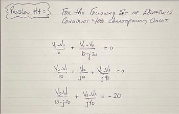 Problem #4:
FOR thE FOLLOWING SET OF EQVATIONS
CONSTRUCT the Conrosponding Cincit.
бот
V₁-V₂ + V₁-V₁.
10-j 20
lo
V₂-V₁
10
V3.V.
10-j 20
+
V₂ V₂ Vs
+
J10
14
+
V3-√₂
jto
=0
- 20