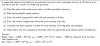 A spacecraft departs from Earth in a hyperbolic trajectory with a periapsis velocity of 12.5 km/s at an
altitude of 250 km. Answer the following questions:
(a) Find the value of the semi-major axis, a, of the hyperbolic trajectory.
(b) Find the hyperbolic excess velocity.
(c) Find the radius (magnitude) when the true anomaly is 95 deg.
(d) Find the velocity (magnitude) when the true anomaly is 95 deg.
(e) Calculate the time required to reach the true anomaly of 95 deg from the periapsis.
(f) What will be the true anomaly at the point where the spacecraft leaves Earth's sphere of influence?
Assume:
Earth: Mass = 5.927 x 1024 kg, µɛ = 3.986 × 1014 m³/s², radius = 6378 km, distance from the Sun =
149.6 mission km,
Sun: Mass = 1.989 x 1030 kg, µs = 1.327 x 1020 m /s?,
