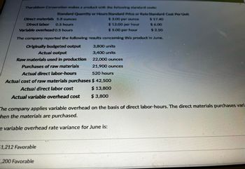 Tharaldson Corporation makes a product with the following standard costs:
Standard Quantity or Hours Standard Price or Rate Standard Cost Per Unit
Direct materials 5.8 ounces
$ 3.00 per ounce
Direct labor 0.5 hours
$17.40
$6.00
$ 12.00 per hour
Variable overhead 0.5 hours
$ 5.00 per hour
$2.50
The company reported the following results concerning this product in June.
Originally budgeted output
Actual output
Raw materials used in production
Purchases of raw materials
Actual direct labor-hours
Actual cost of raw materials purchases
Actual direct labor cost
Actual variable overhead cost
The company applies variable overhead on the basis of direct labor-hours. The direct materials purchases vari-
hen the materials are purchased.
e variable overhead rate variance for June is:
51,212 Favorable
3,800 units
3,400 units
22,000 ounces
21,900 ounces
520 hours
$ 42,500
$ 13,800
$ 3,800
,200 Favorable