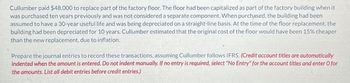 Cullumber paid $48,000 to replace part of the factory floor. The floor had been capitalized as part of the factory building when it
was purchased ten years previously and was not considered a separate component. When purchased, the building had been
assumed to have a 30-year useful life and was being depreciated on a straight-line basis. At the time of the floor replacement, the
building had been depreciated for 10 years. Cullumber estimated that the original cost of the floor would have been 15% cheaper
than the new replacement, due to inflation.
Prepare the journal entries to record these transactions, assuming Cullumber follows IFRS. (Credit account titles are automatically
indented when the amount is entered. Do not indent manually. If no entry is required, select "No Entry" for the account titles and enter O for
the amounts. List all debit entries before credit entries.)