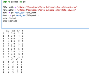 : import pandas as pd
file_path='/Users//Downloads/Data 2/ExampleTrainDataset.csv'
filepath2 = '/Users//Downloads/Data
data = pd.read_csv(file_path)
data2 = pd.read_csv(filepath2)
2/ExampleTestDataset.csv'
print(data)
print(data2)
x1 x2 x3 Y
012345678
2
3.0
2 0
2
3.0
4
0
2
3 9.0
1
0
3 1 0.5
2
0
4
2.0
1
0
5
7
2.0
1
1
3
2.0
5
1
5
2.0
2
1
8 2 4.0
3
1
2
226
11234
9 3 2.0
0
x1
1 1
x2
x3 Y
2
6
3 7
4 3
32243
3 1 0
2
4 0
2
2 1
4
3
31
3 1
1 1