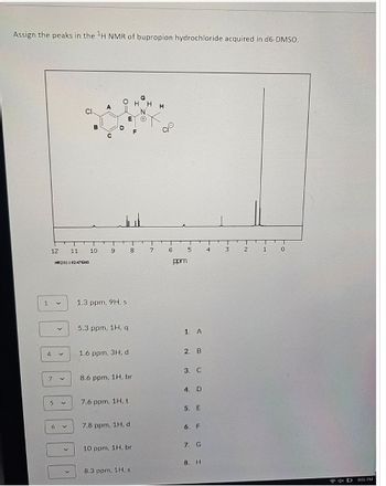 Assign the peaks in the H NMR of bupropion hydrochloride acquired in d6-DMSO.
A
HH
Cl
B
12 11
10
9 8 7
HR201102476NS
6
о
5
4
3 2 1 0
ppm
1
1.3 ppm, 9H, s
5.3 ppm, 1H, q
1. A
4
✓
1.6 ppm, 3H, d
2. B
3. C
7
く
8.6 ppm, 1H, br
4. D
く
7.6 ppm, 1H, t
5. E
7.8 ppm, 1H, d
6. F
10 ppm, 1H, br
7. G
8. H
8.3 ppm, 1H, s
4× 1
8:01 PM