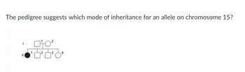 The pedigree suggests which mode of inheritance for an allele on chromosome 15?
I
+0²
¹6²6³64