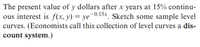 The present value of y dollars after x years at 15% continu-
ous interest is f(x, y) = ye¬0.15x. Sketch some sample level
curves. (Economists call this collection of level curves a dis-
count system.)
