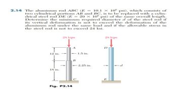 2.14 The aluminum rod ABC (E 10.1 × 106 psi), which consists of
two cylindrical portions AB and BC, is to be replaced with a cylin-
drical steel rod DE (E = 29 × 106 psi) of the same overall length.
Determine the minimum required diameter d of the steel rod if
its vertical deformation is not to exceed the deformation of the
aluminum rod under the same load and if the allowable stress in
the steel rod is not to exceed 24 ksi.
Ĵ
12 in.
+
18 in.
28 kips
-1.5 in.
Fig. P2.14
B
-2.25 in.
28 kips
D
E
--