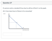 Question 27
If a person works a standard 8 hour day he will be at Point C on the graph.
At C, how many hours of leisure is he consuming?
Income
A
B
Leisure (hours per day)
