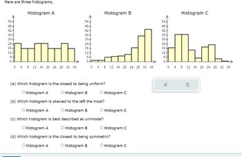 Here are three histograms.
Histogram C
54.
48-
Histogram A
Histogram B
54-
54-
48-
48-
42-
42-
36-
36-
30+
30-
24-
24-
18+
18-
12-
12-
12
6
6+
6-
0-
0-
0 4 8 12 16 20 24 28 32 36
0
4
8
12 16 20 24 28 32 36
42-
36-
30-
24-
18-
ΗΠ
0 4 8 12 16 20 24 28 32 36
(a) Which histogram is the closest to being uniform?
☑
○ Histogram B
○ Histogram C
○ Histogram A
(b) Which histogram is skewed to the left the most?
Histogram A
Histogram B
(c) Which histogram is best described as unimodal?
O Histogram A
Histogram B
Histogram C
Histogram C
(d) Which histogram is the closest to being symmetric?
Histogram A
O Histogram B
◇ Histogram C