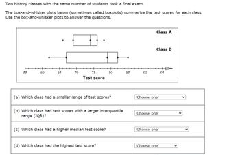 Two history classes with the same number of students took a final exam.
The box-and-whisker plots below (sometimes called boxplots) summarize the test scores for each class.
Use the box-and-whisker plots to answer the questions.
Class A
Class B
55
60
65
70
75
80
85
90
95
Test score
(a) Which class had a smaller range of test scores?
'Choose one'
(b) Which class had test scores with a larger interquartile
range (IQR)?
'Choose one'
(c) Which class had a higher median test score?
'Choose one'
(d) Which class had the highest test score?
'Choose one'