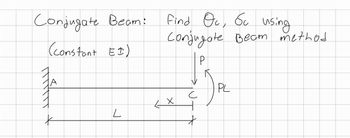 **Title: Conjugate Beam Method for Deflection Analysis**

---

**Objective:**
To find the slope (\(\Theta_c\)) and deflection (\(\delta_c\)) at point C using the Conjugate Beam Method.

**Description:**

The problem involves a beam fixed at point A with a length \(L\). There is a point load \(P\) applied at point C, located at a distance \(x\) from A. The load causes a moment \(PL\).

- **Beam Details:**
  - Length: \(L\)
  - Point of interest: C
  - Load applied: \(P\) at point C
  - Distance from fixed support A to point C: \(x\)
  - Moment caused by load: \(PL\)
  - Material's flexural rigidity assumed constant (\(EI\)).

**Goal:**
Use the conjugate beam method to determine:

- The slope at point C, \(\Theta_c\)
- The deflection at point C, \(\delta_c\)

**Approach:**
The conjugate beam method involves analyzing an imaginary beam (the "conjugate beam") with the same length as the original. Reactions and loads on this beam correspond to the bending moments and slopes from the original beam.

**Note:**

To fully solve the problem, apply equilibrium equations and use appropriate boundary conditions and material properties to calculate \(\Theta_c\) and \(\delta_c\) at point C.