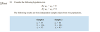 ELFtest
10. Consider the following hypothesis test.
H: µ - Hz = 0
H: H - Hz #0
The following results are from independent samples taken from two populations.
Sample 1
Sample 2
n; = 35
I, = 13.6
$1 = 5.2
nz = 40
ī, = 10.1
%3D
S, = 8.5
