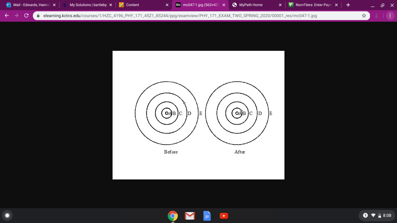 O Mail - Edwards, Hannal x
My Solutions | bartleby x
Content
Bb mc047-1.jpg (562x421 X
O MyPath Home
Non-Filers: Enter Paym x
A elearning.kctcs.edu/courses/1/HZC_4196_PHY_171_45Z1_85244/ppg/examview/PHY_171_EXAM_TWO_SPRING_2020/00001_res/mc047-1.jpg
D JE
(одв ]с D |E
Before
After
8:08
